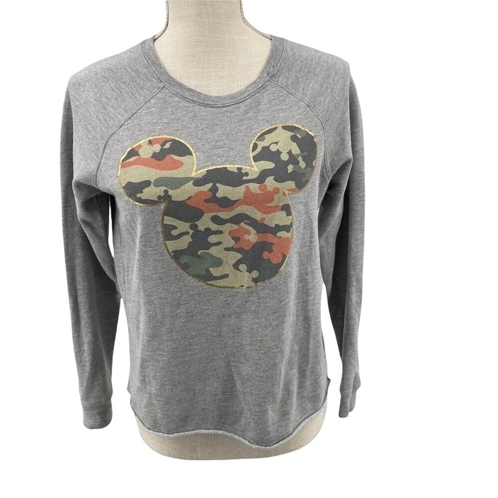 Disney Mickey Mouse Women Sz S Camo Print Gray Pullover Sweatshirt Vacation